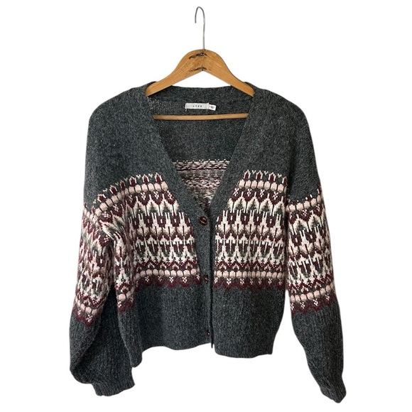 Lush | Women’s grey/maroon/cream wool blend Fair Isle 3button cardigan sweater L - Picture 2 of 16
